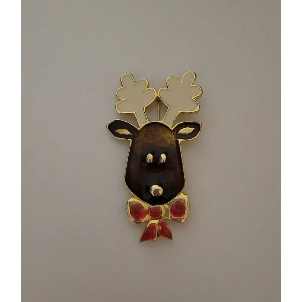 Festive Gold Tone Enameled Brown Reindeer Pin White Antlers Red Bow